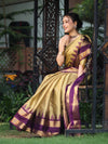 Banarasee Handloom Plain Tissue Saree With Broad Contrast Border-Gold & Violet