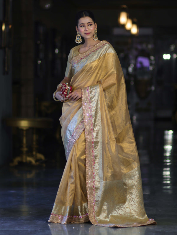 Banarasee Handloom Plain Tissue Saree With Zari Lace Border-Gold