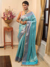 Banarasee Handwoven Tissue Saree With Zari Jaal Design & Lace-Sky Blue & Violet