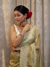Banarasee Handwoven Crushed Tissue Saree With Hand Embroidered Buti Design & Border-Olive Green
