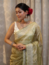 Banarasee Handwoven Crushed Tissue Saree With Hand Embroidered Buti Design & Border-Olive Green