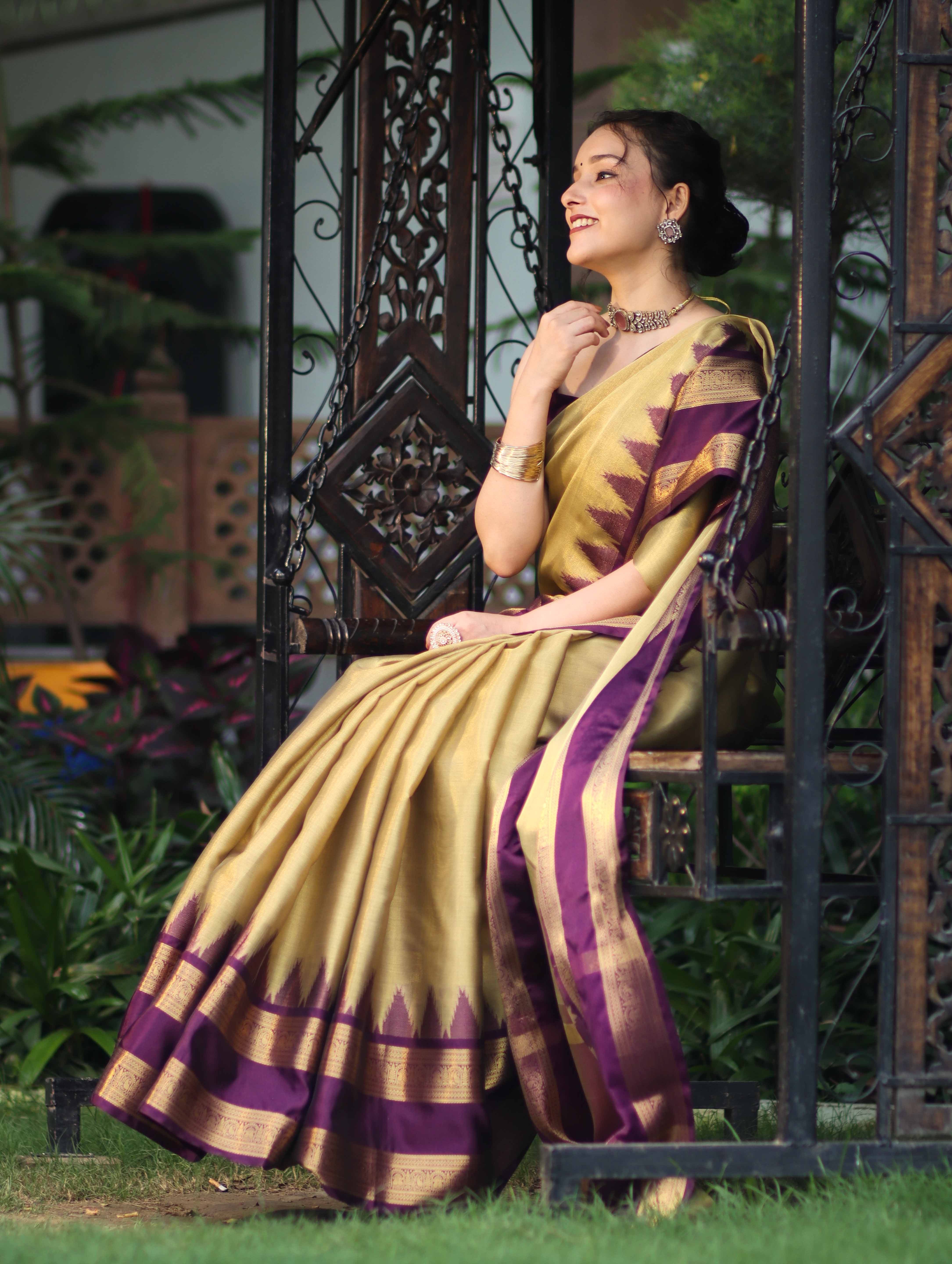 Banarasee Handloom Plain Tissue Saree With Broad Contrast Border-Gold & Violet