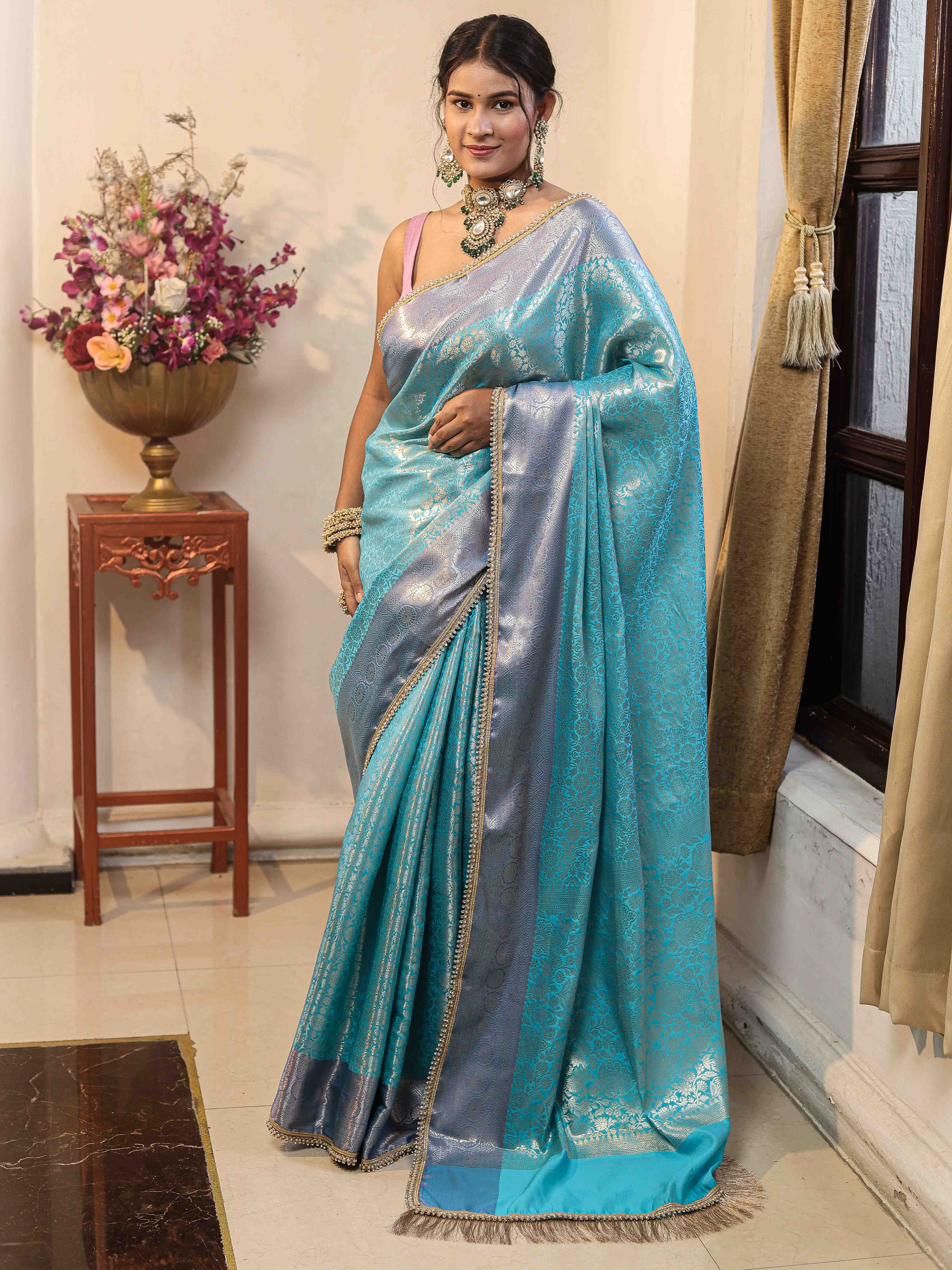Banarasee Handwoven Tissue Saree With Zari Jaal Design & Lace-Sky Blue & Violet