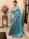 Banarasee Handwoven Tissue Saree With Zari Jaal Design & Lace-Sky Blue & Violet
