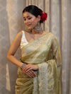 Banarasee Handwoven Crushed Tissue Saree With Hand Embroidered Buti Design & Border-Olive Green