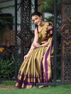 Banarasee Handloom Plain Tissue Saree With Broad Contrast Border-Gold & Violet