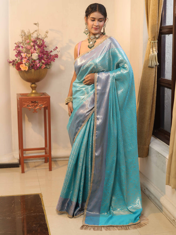 Banarasee Handwoven Tissue Saree With Zari Jaal Design & Lace-Sky Blue & Violet
