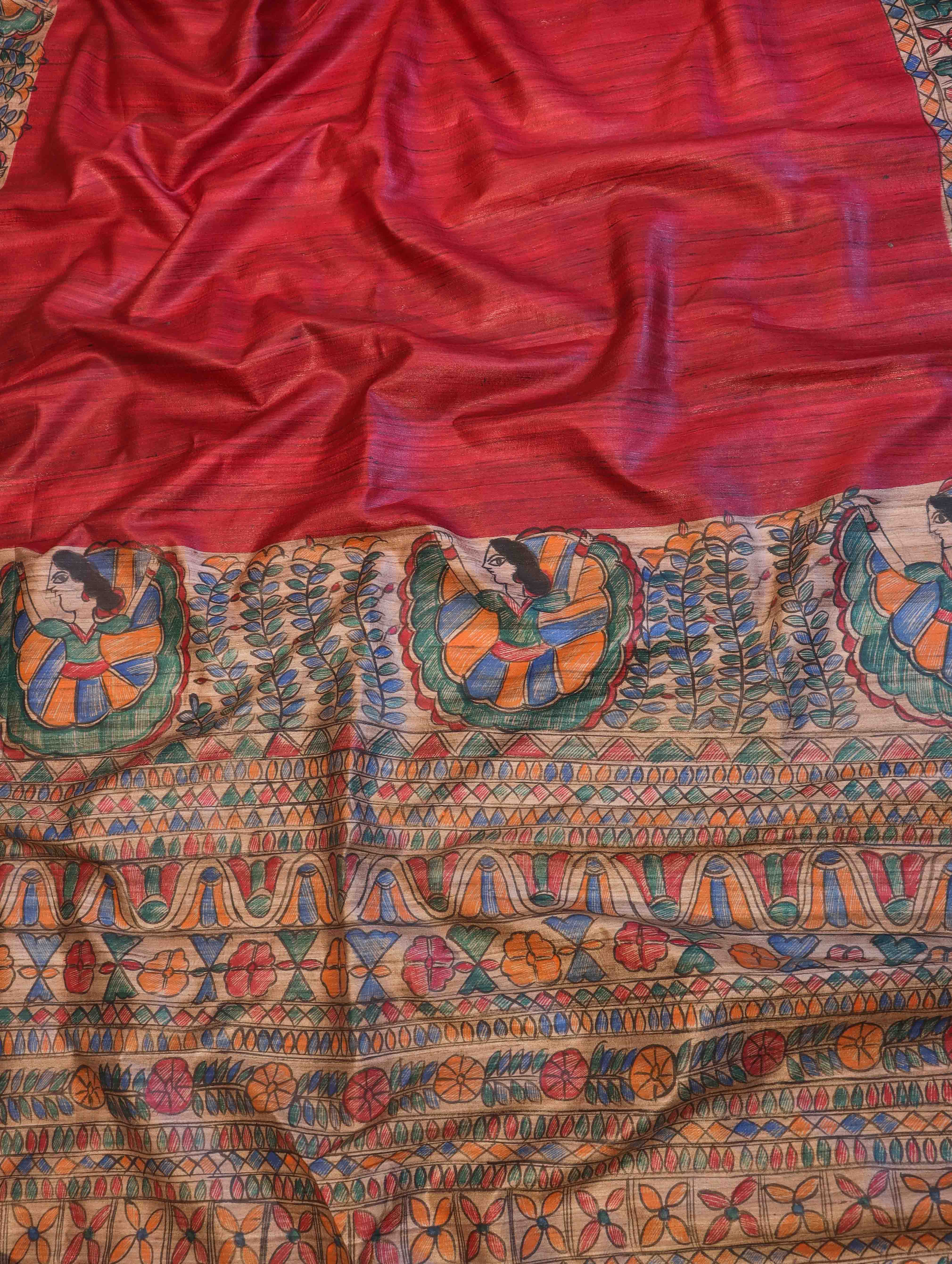 Bhagalpur Handloom Pure Tussar Silk Saree With Hand Block Painted Madhubani Design-Maroon