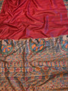 Bhagalpur Handloom Pure Tussar Silk Saree With Hand Block Painted Madhubani Design-Maroon