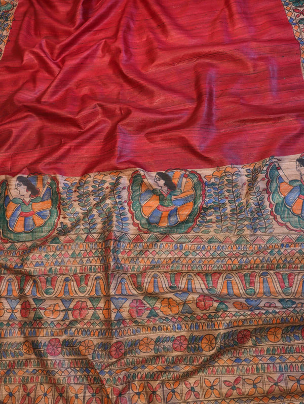 Bhagalpur Handloom Pure Tussar Silk Saree With Hand Block Painted Madhubani Design-Maroon