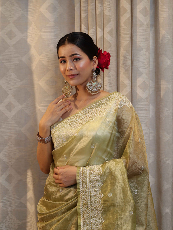 Banarasee Handwoven Crushed Tissue Saree With Hand Embroidered Buti Design & Border-Olive Green