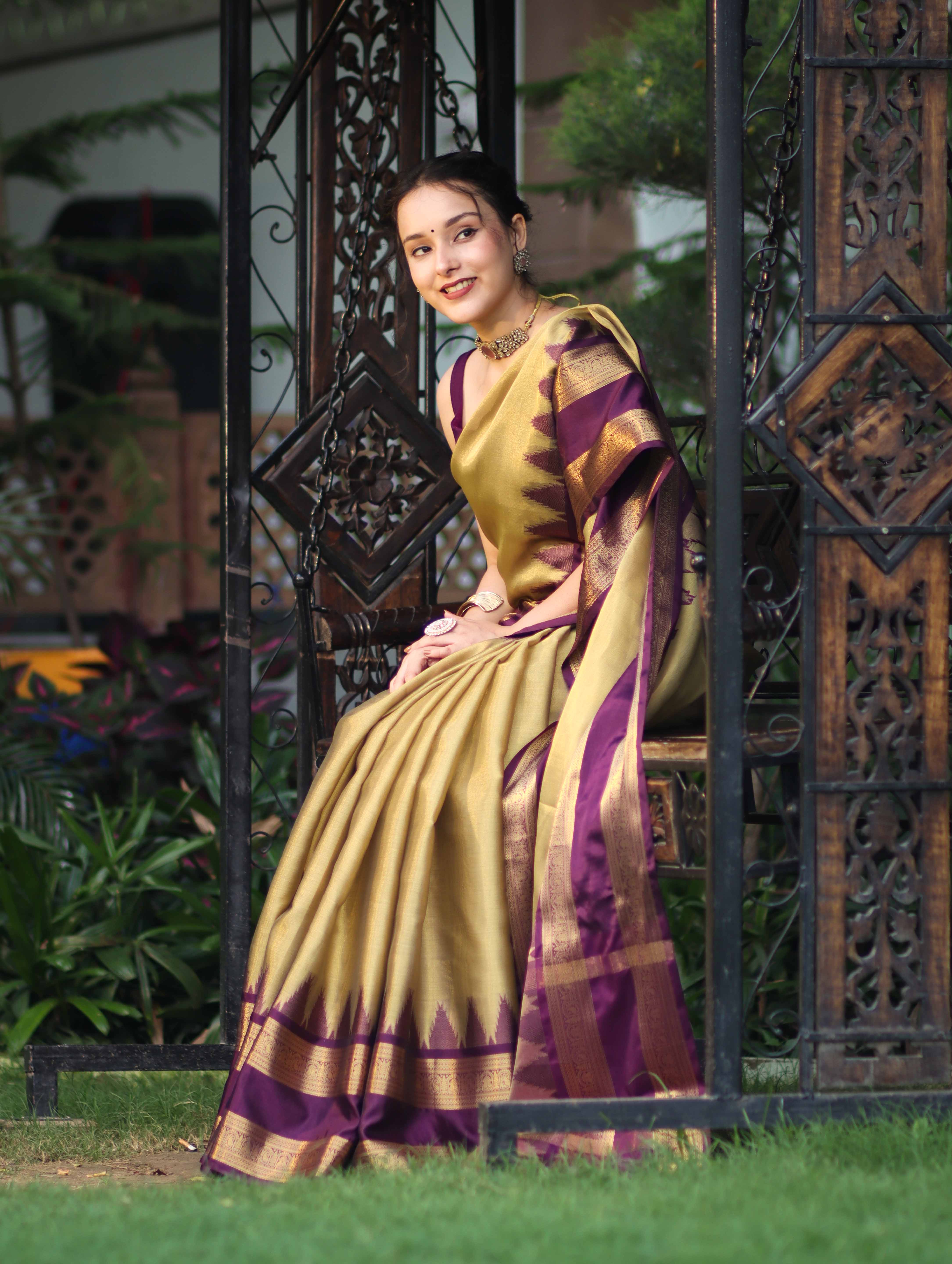 Banarasee Handloom Plain Tissue Saree With Broad Contrast Border-Gold & Violet