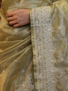 Banarasee Handwoven Crushed Tissue Saree With Hand Embroidered Buti Design & Border-Olive Green