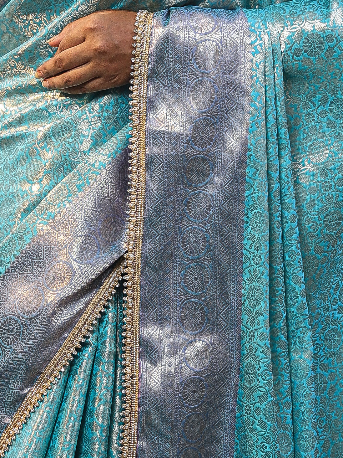 Banarasee Handwoven Tissue Saree With Zari Jaal Design & Lace-Sky Blue & Violet