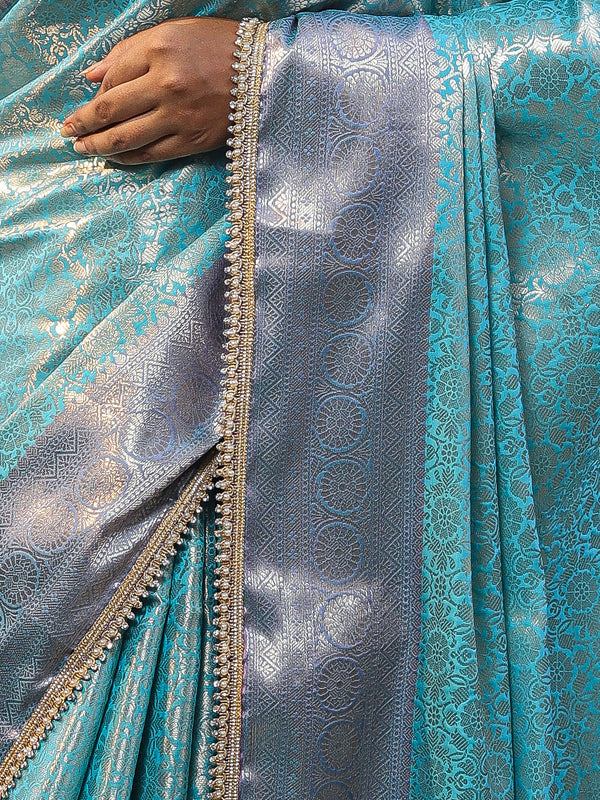 Banarasee Handwoven Tissue Saree With Zari Jaal Design & Lace-Sky Blue & Violet