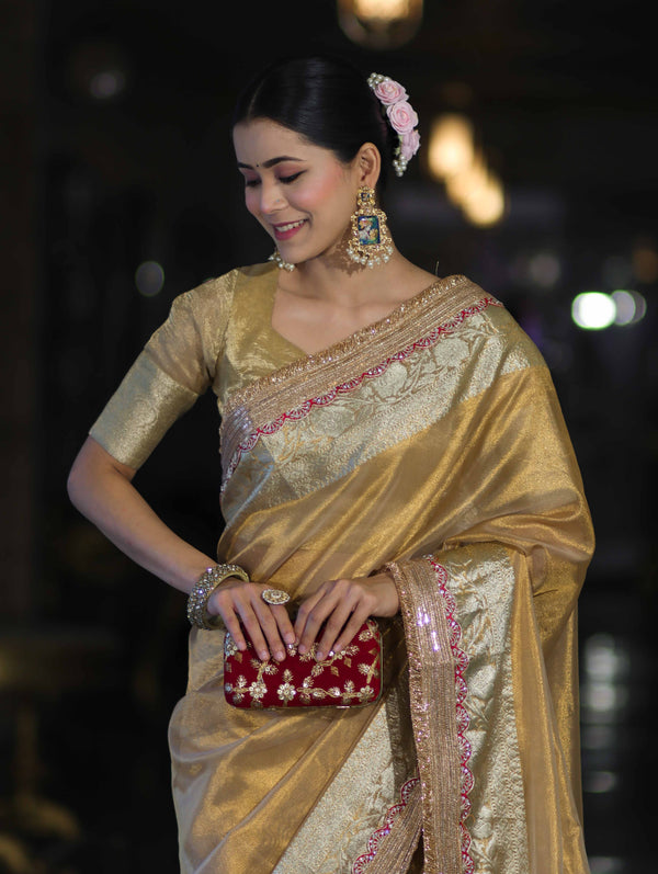 Banarasee Handloom Plain Tissue Saree With Zari Lace Border-Gold