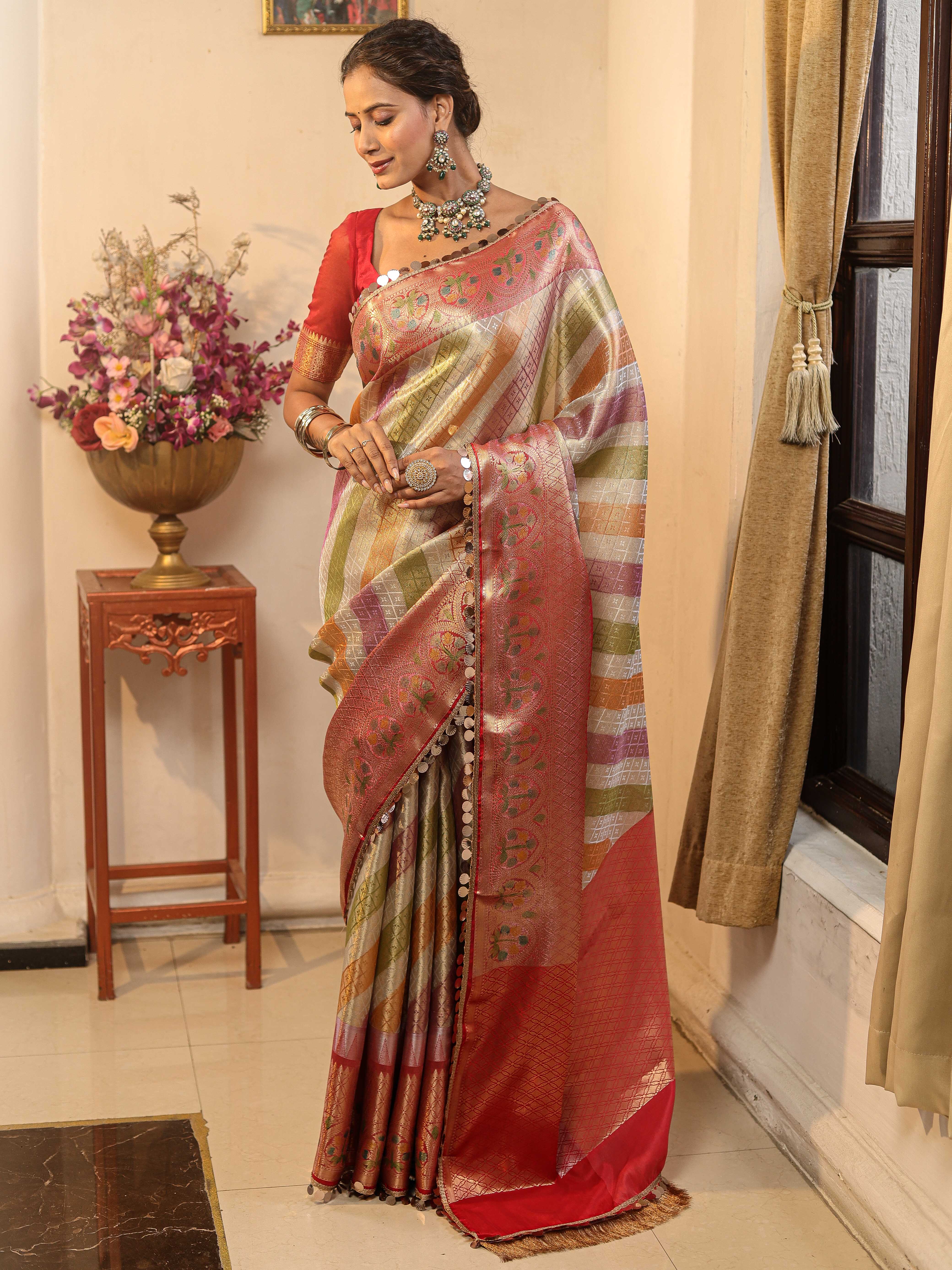 Banarasee Handwoven Tissue Saree With Zari Design & Lace-Multicolor