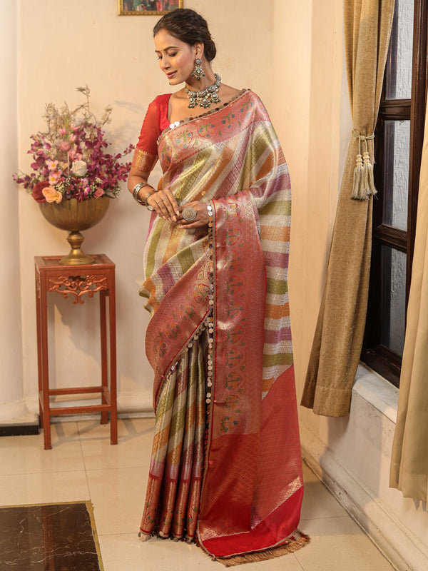 Banarasee Handwoven Tissue Saree With Zari Design & Lace-Multicolor