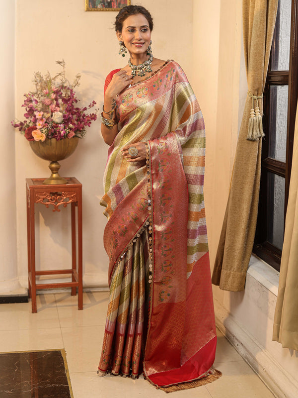 Banarasee Handwoven Tissue Saree With Zari Design & Lace-Multicolor