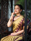 Banarasee Handloom Plain Tissue Saree With Broad Contrast Border-Gold & Violet