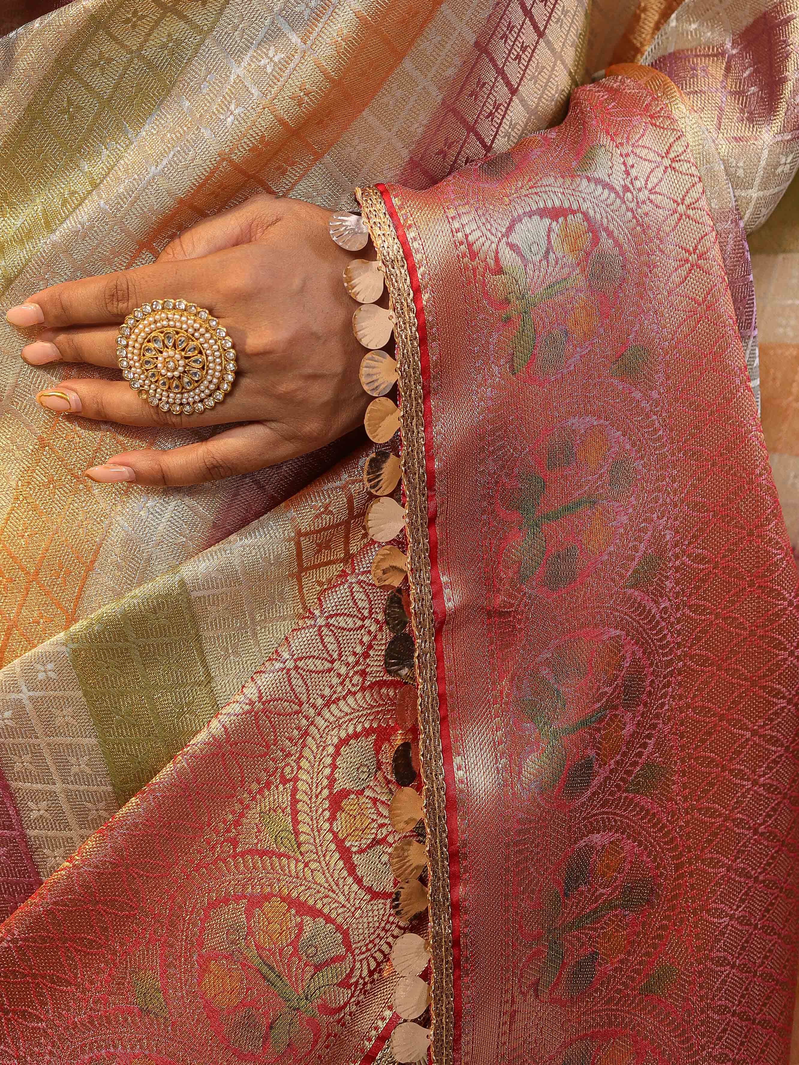 Banarasee Handwoven Tissue Saree With Zari Design & Lace-Multicolor