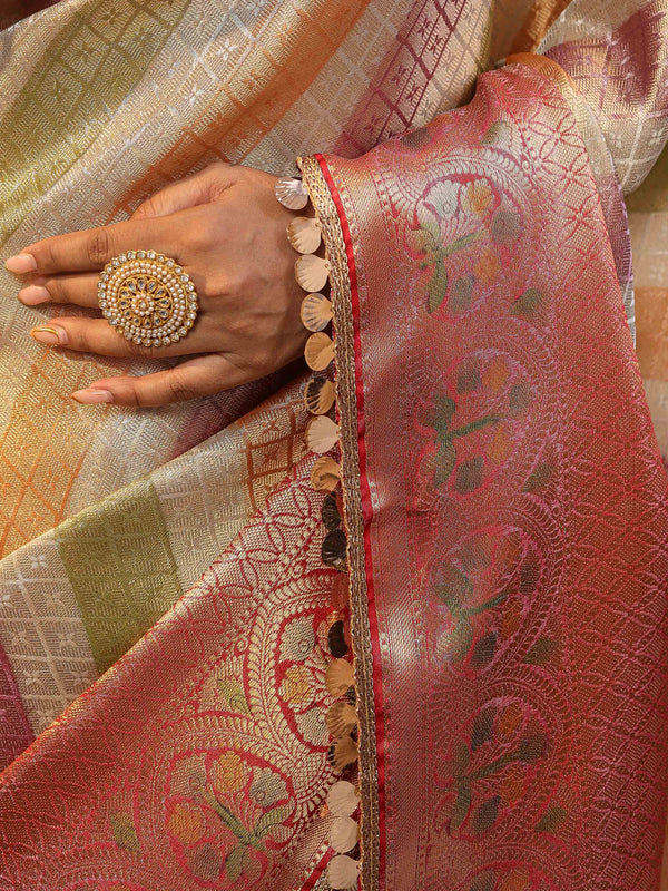 Banarasee Handwoven Tissue Saree With Zari Design & Lace-Multicolor