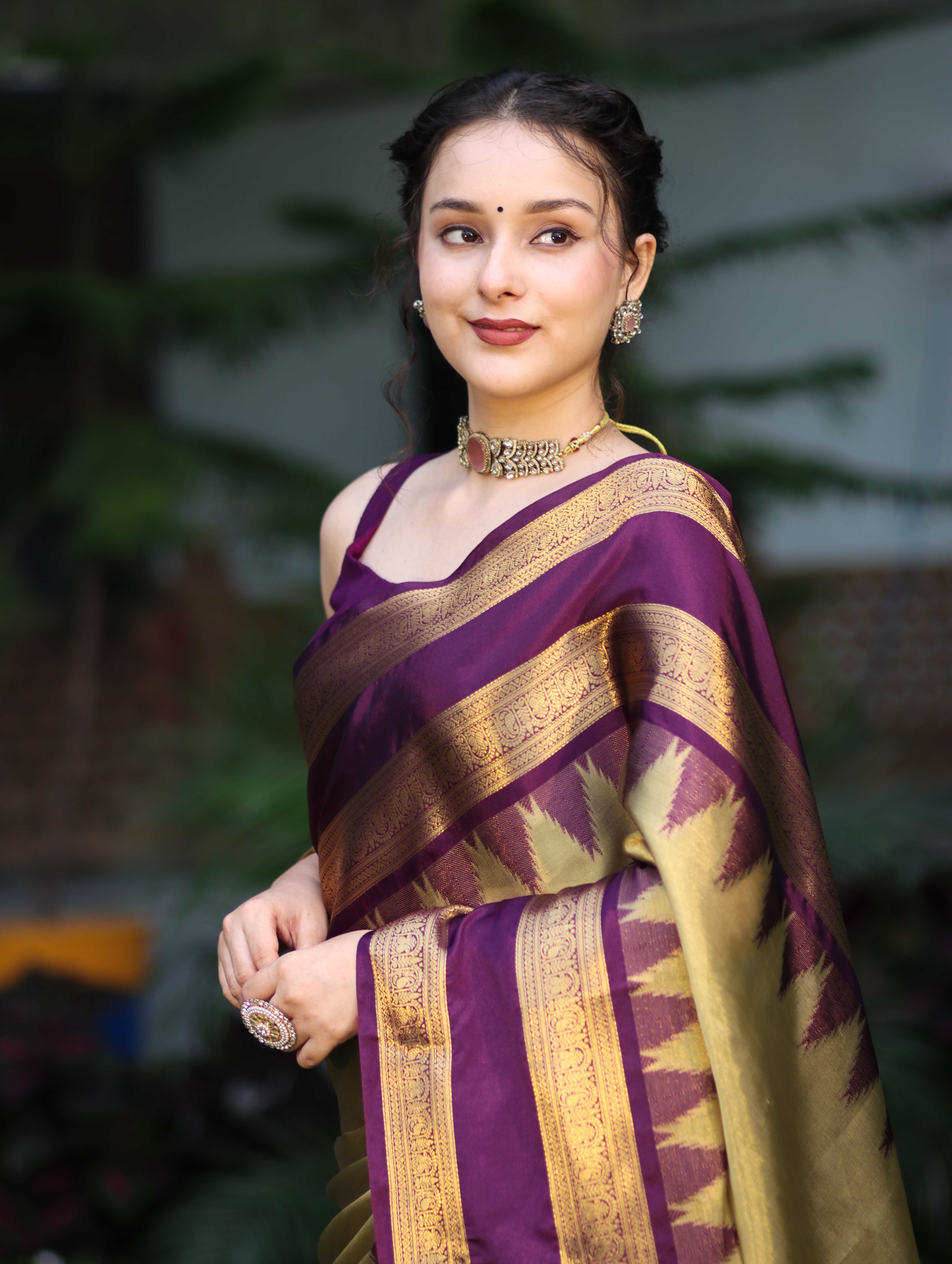 Banarasee Handloom Plain Tissue Saree With Broad Contrast Border-Gold & Violet