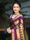 Banarasee Handloom Plain Tissue Saree With Broad Contrast Border-Gold & Violet