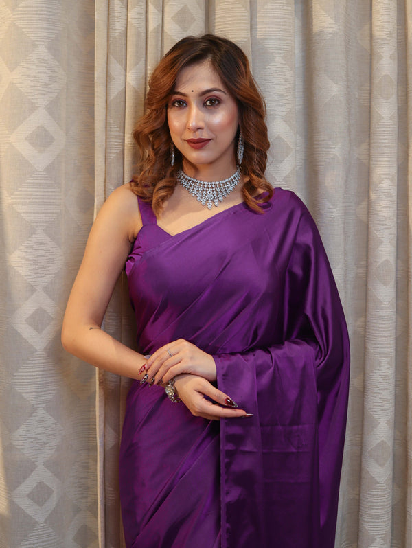 Banarasee Handloom Plain Mashru Silk Saree-Violet