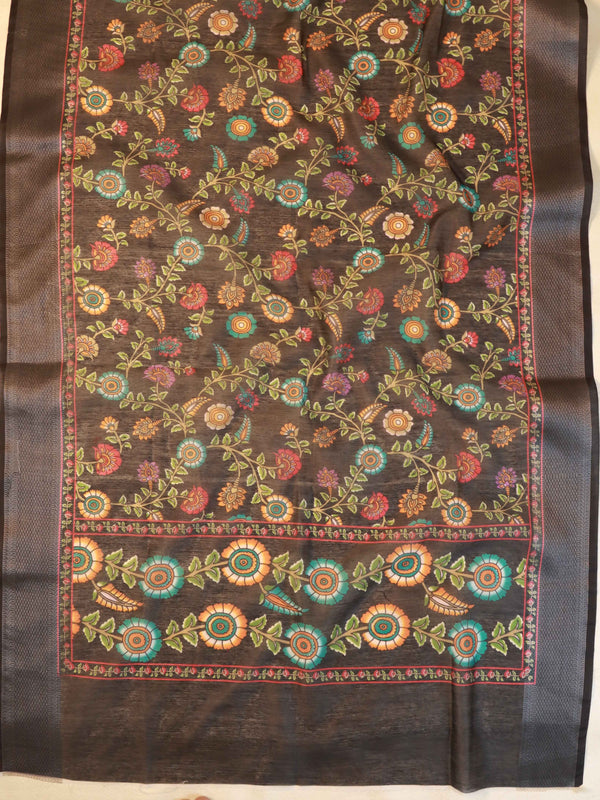 Banarasee Chanderi Cotton Kameez Zari Buti Fabric With Digital Print Dupatta-Black