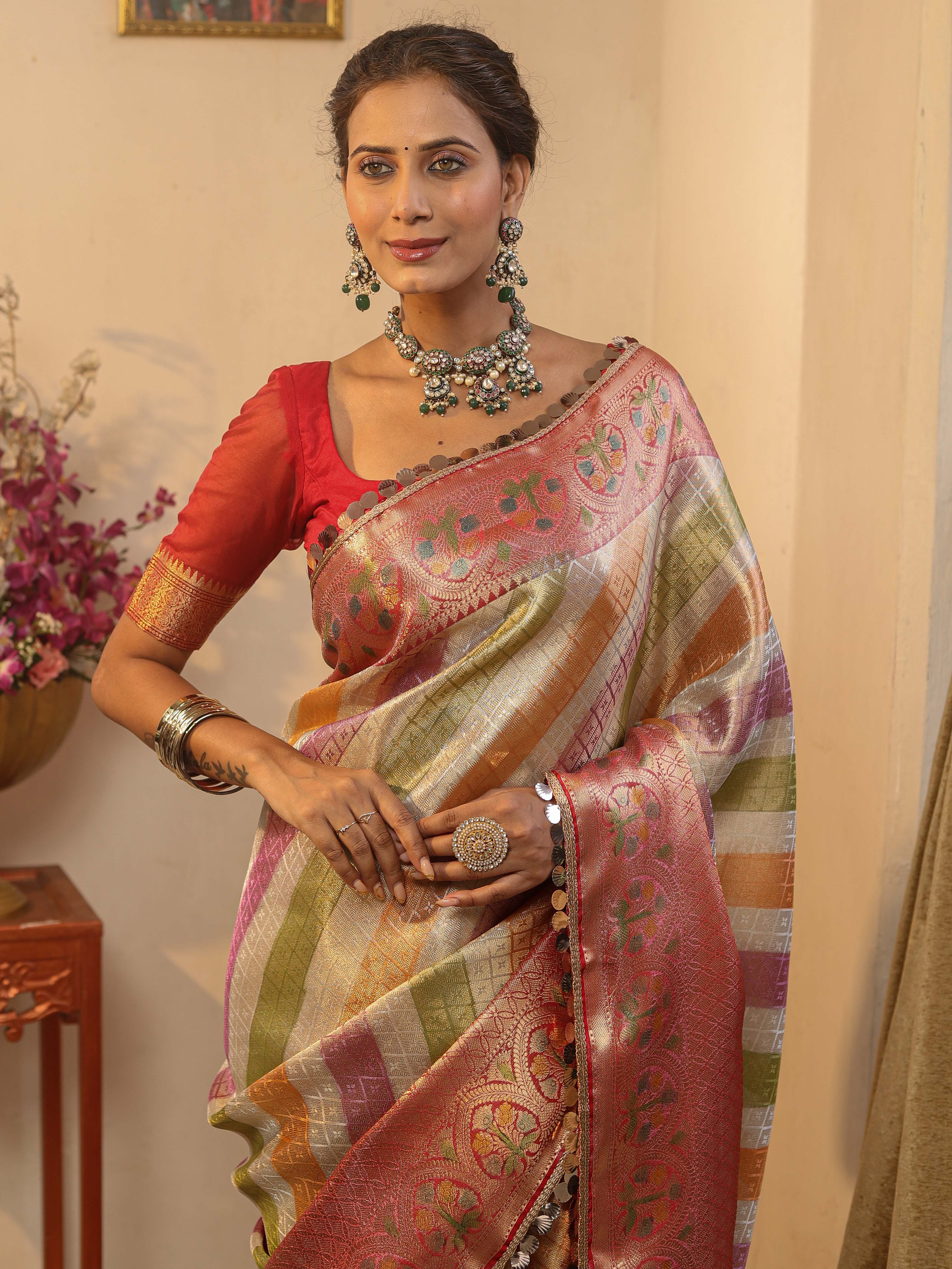 Banarasee Handwoven Tissue Saree With Zari Design & Lace-Multicolor