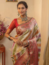 Banarasee Handwoven Tissue Saree With Zari Design & Lace-Multicolor