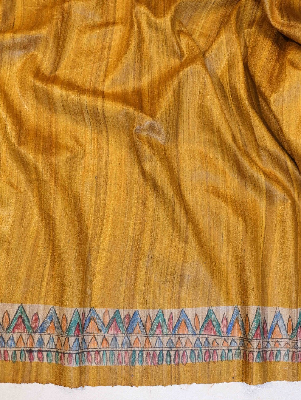 Bhagalpur Handloom Pure Tussar Silk Saree With Hand Block Painted Madhubani Design-Mustard Yellow