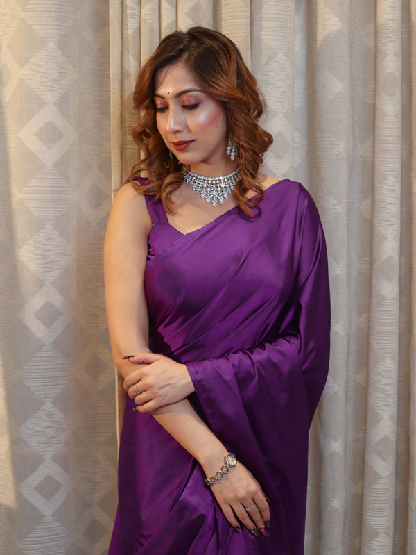 Banarasee Handloom Plain Mashru Silk Saree-Violet