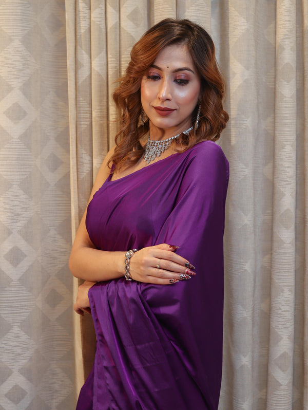 Banarasee Handloom Plain Mashru Silk Saree-Violet