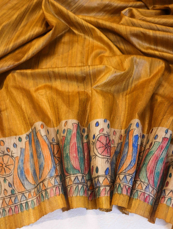 Bhagalpur Handloom Pure Tussar Silk Saree With Hand Block Painted Madhubani Design-Mustard Yellow