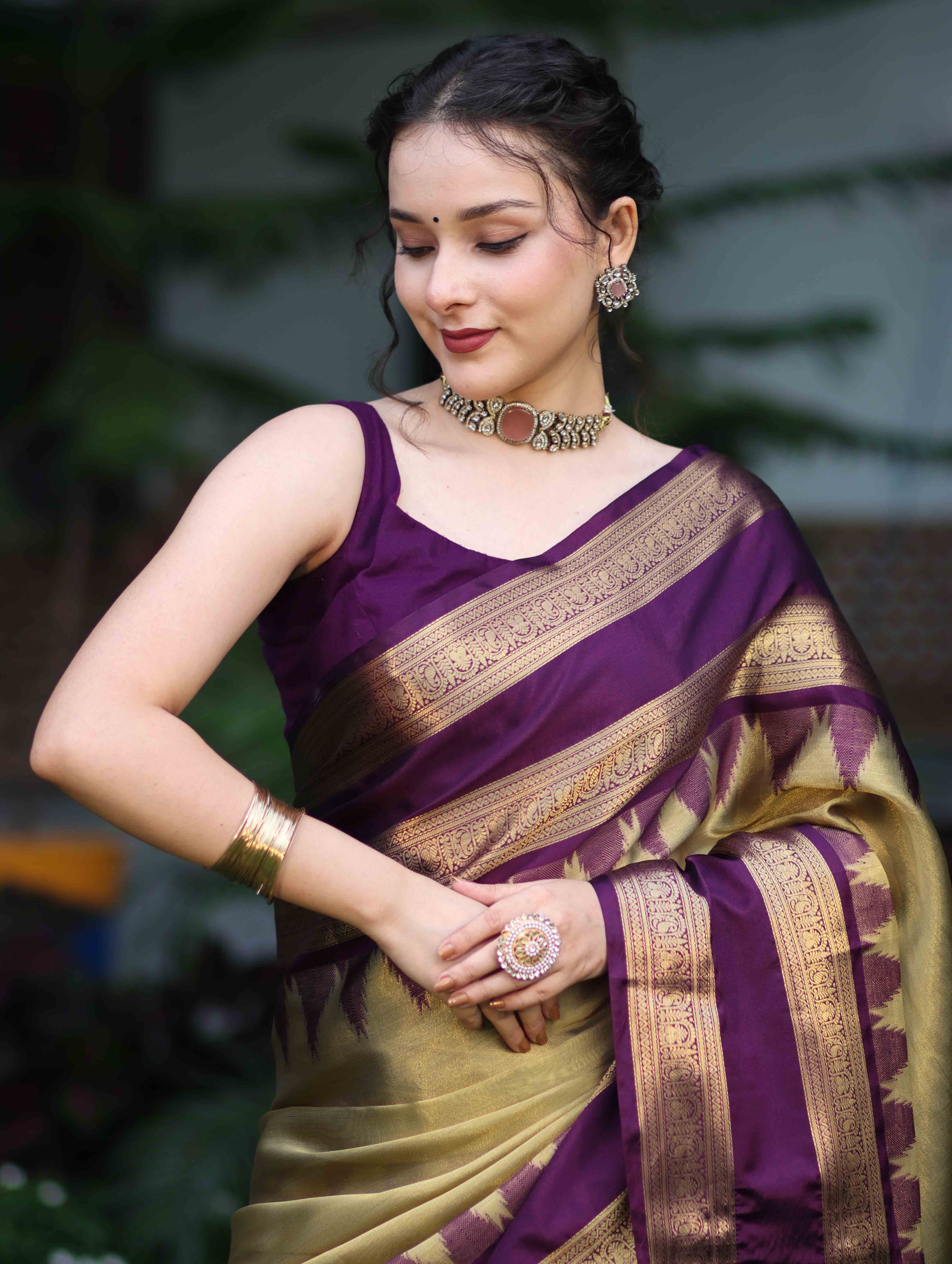 Banarasee Handloom Plain Tissue Saree With Broad Contrast Border-Gold & Violet