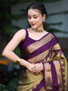 Banarasee Handloom Plain Tissue Saree With Broad Contrast Border-Gold & Violet