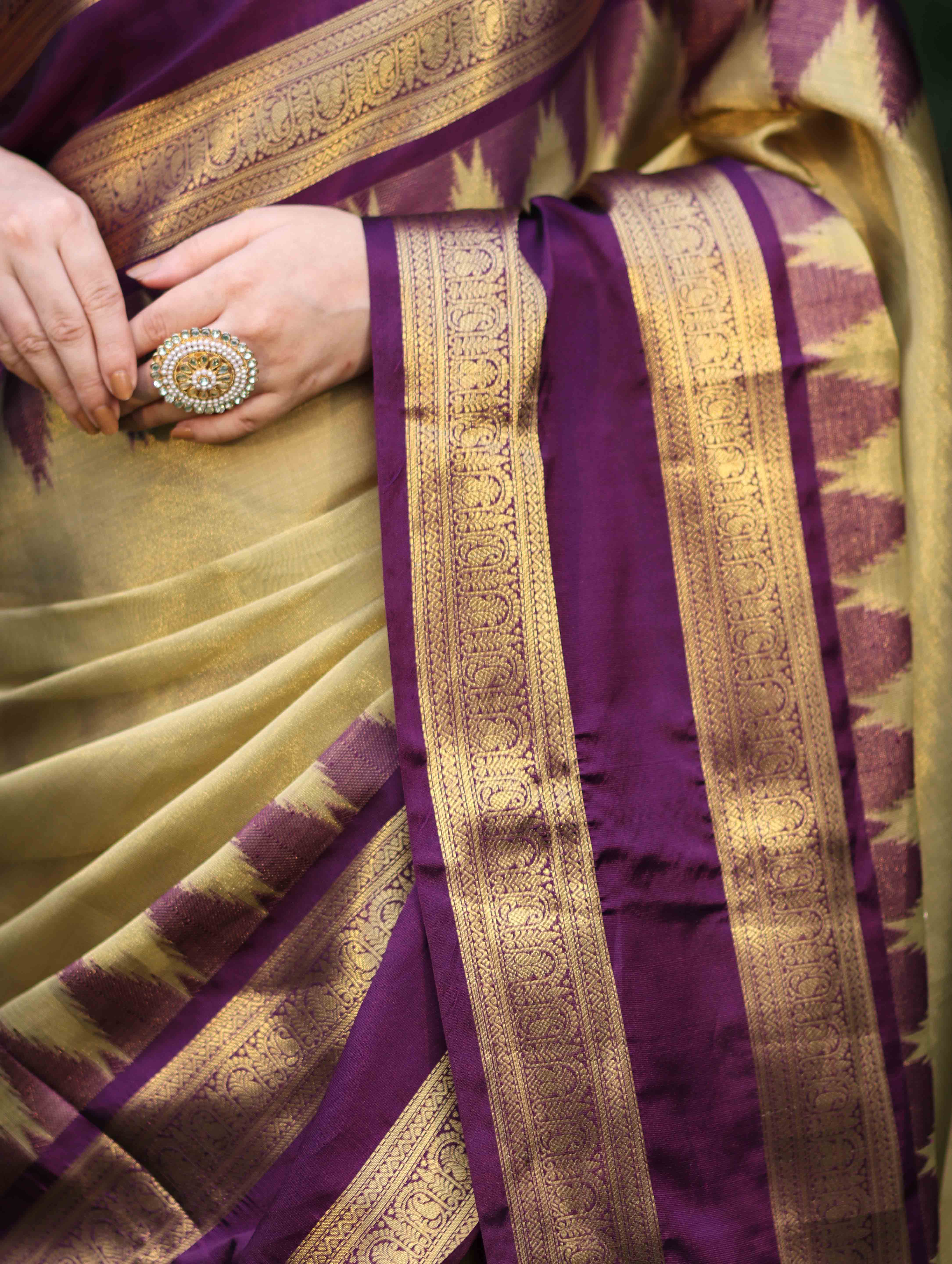 Banarasee Handloom Plain Tissue Saree With Broad Contrast Border-Gold & Violet