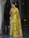 Banarasee Handloom Tissue Saree With Buti Design Contrast Border & Lace-Yellow