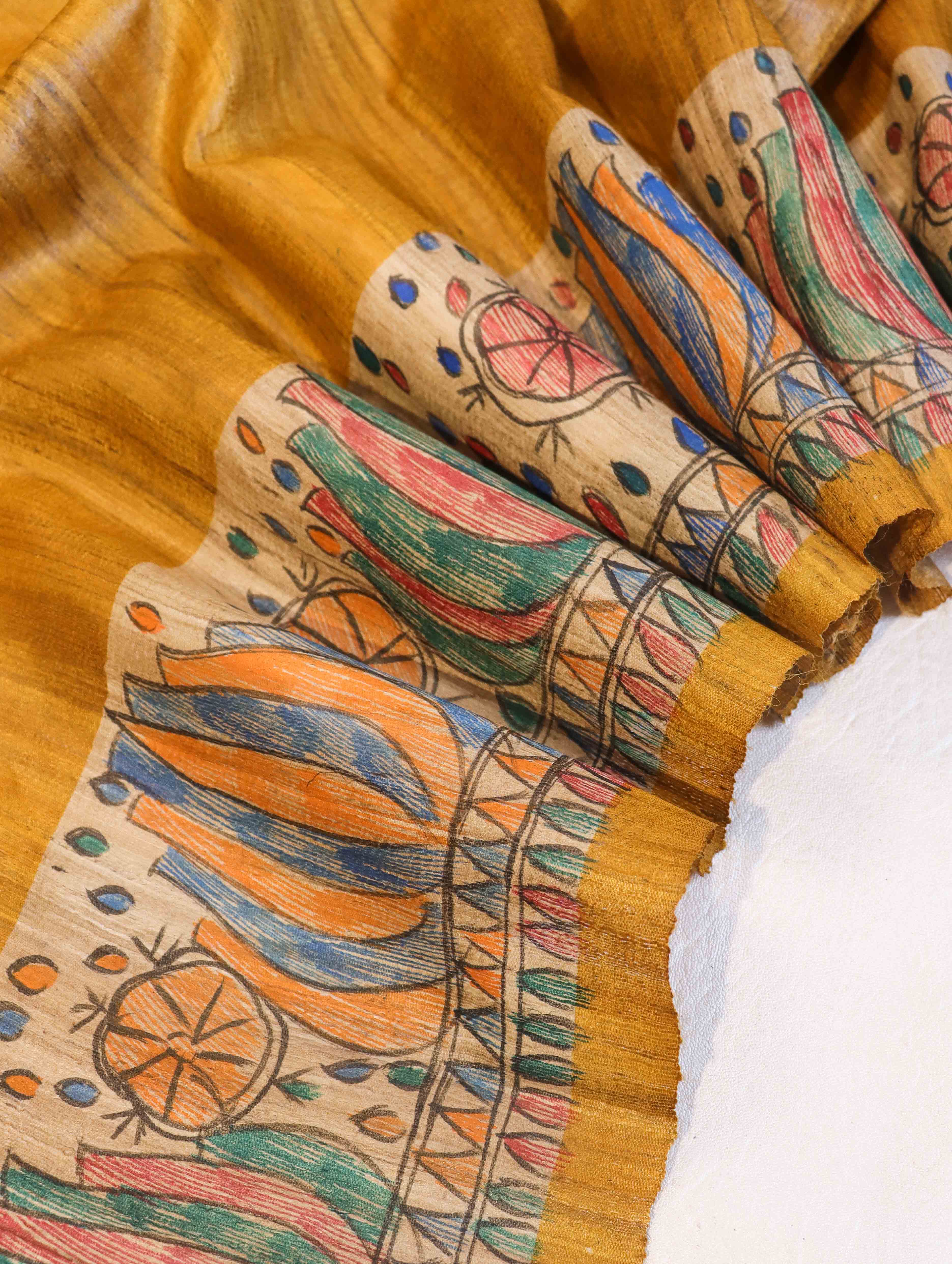 Bhagalpur Handloom Pure Tussar Silk Saree With Hand Block Painted Madhubani Design-Mustard Yellow