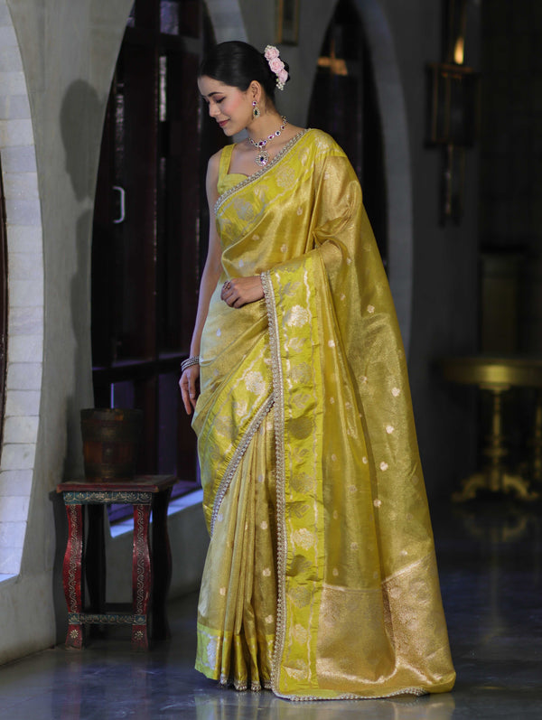 Banarasee Handloom Tissue Saree With Buti Design Contrast Border & Lace-Yellow