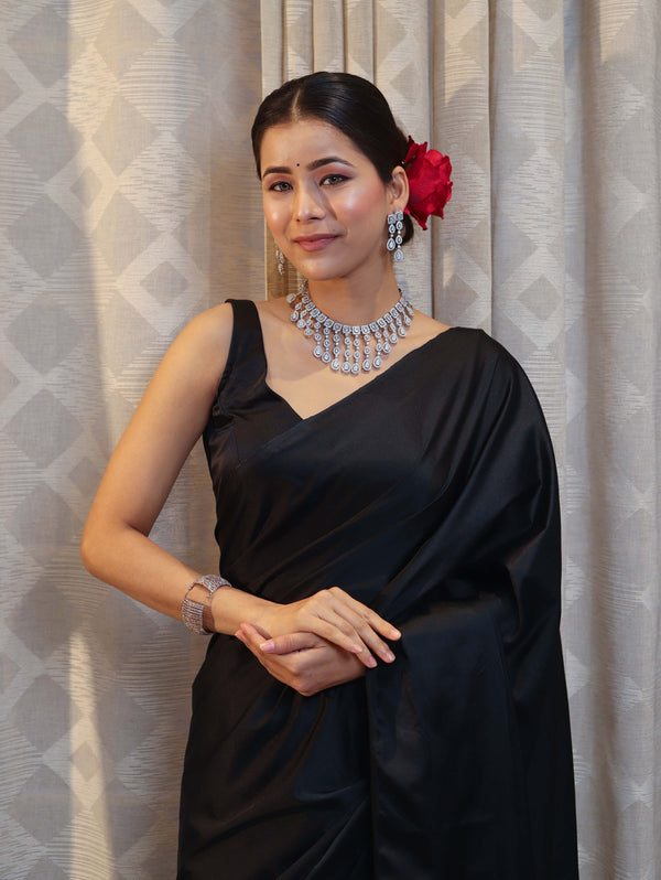 Banarasee Handloom Plain Mashru Silk Saree-Black