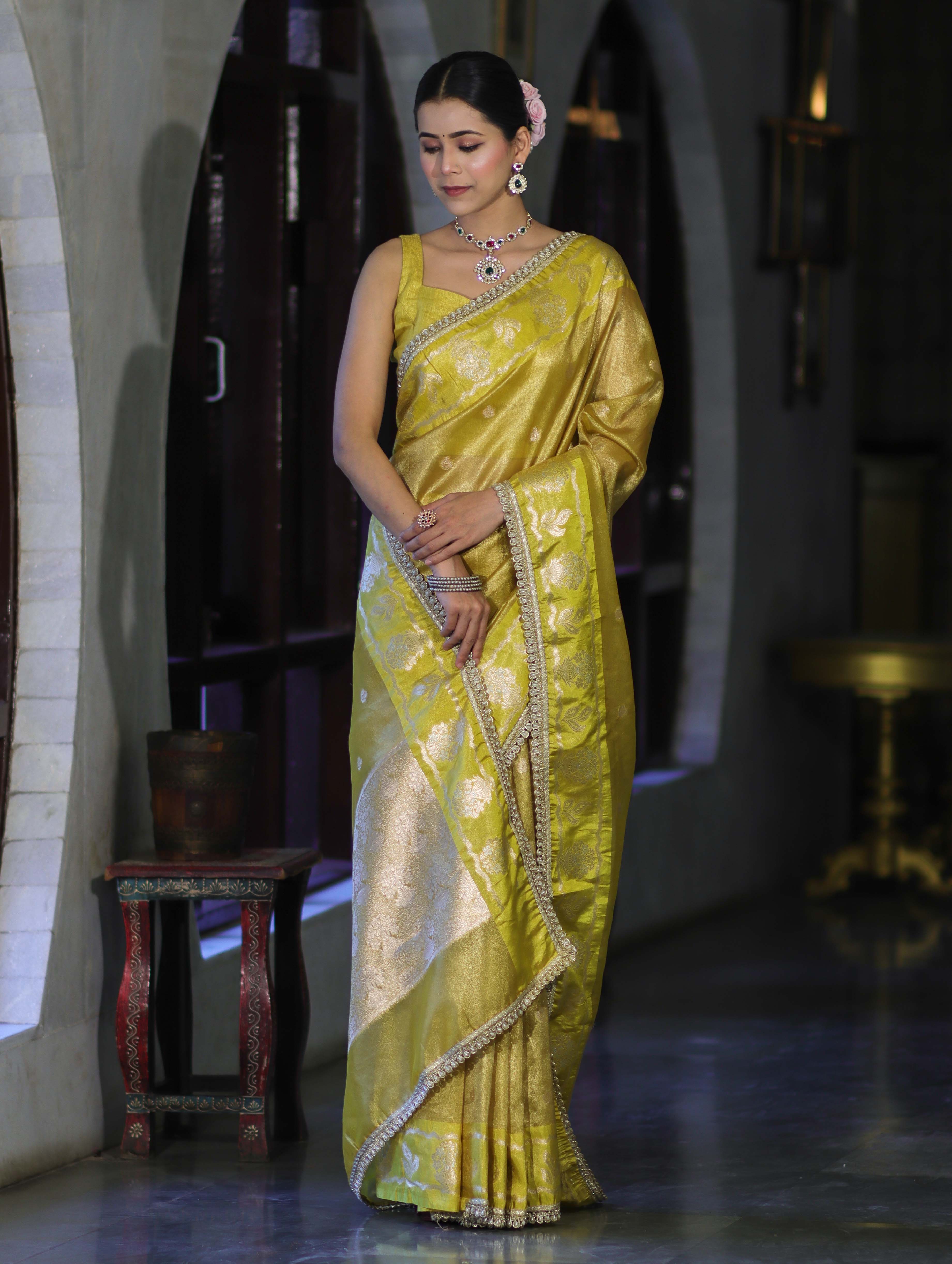 Banarasee Handloom Tissue Saree With Buti Design Contrast Border & Lace-Yellow
