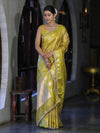 Banarasee Handloom Tissue Saree With Buti Design Contrast Border & Lace-Yellow