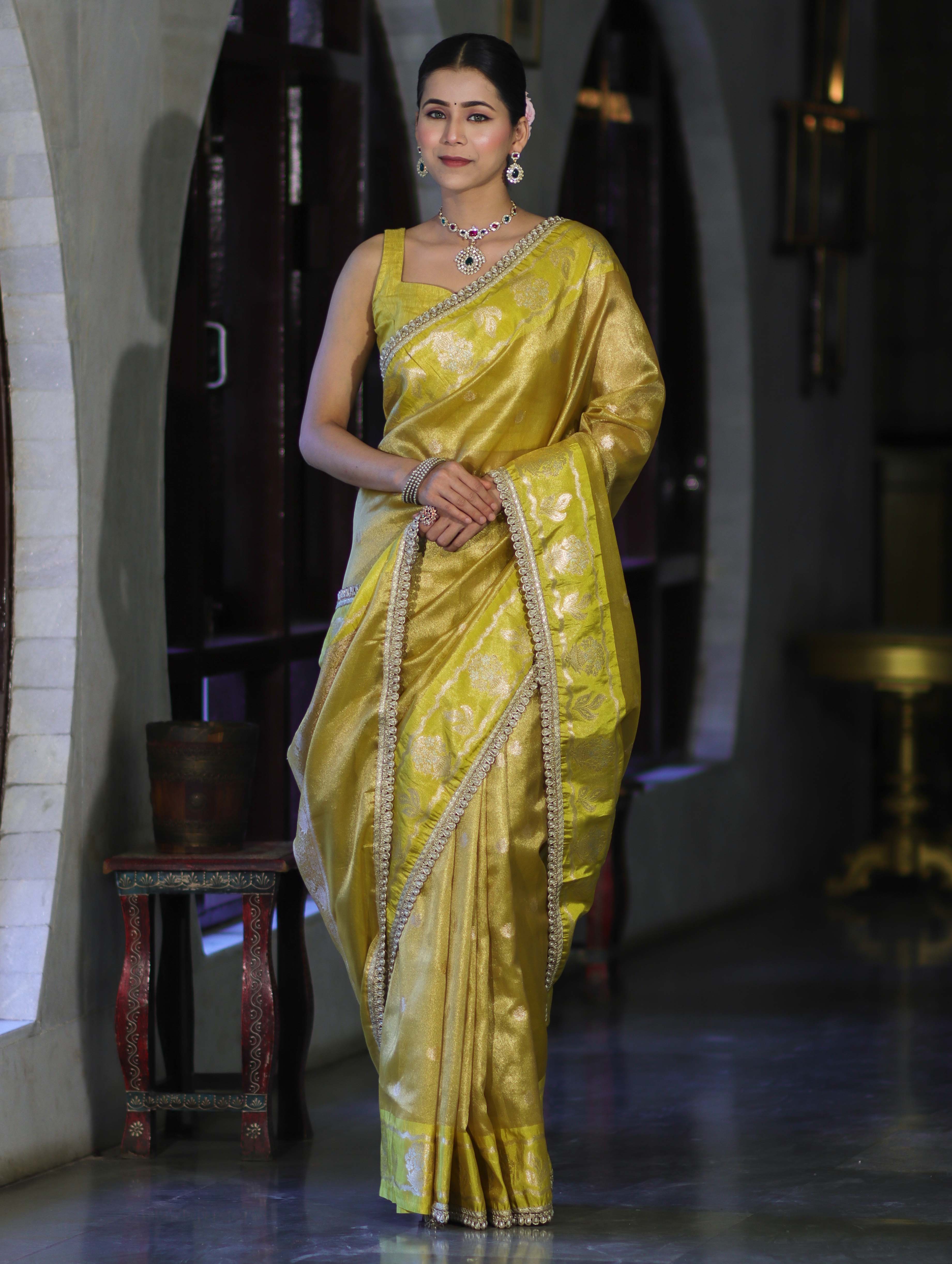 Banarasee Handloom Tissue Saree With Buti Design Contrast Border & Lace-Yellow