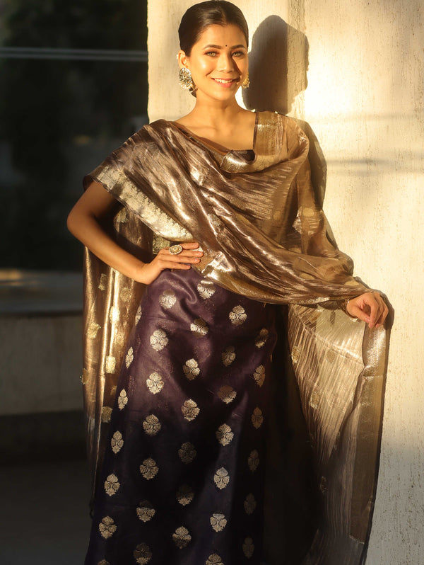 Banarasee Chanderi Zari Buti Salwar Kameez Fabric With Tissue Dupatta-Blue