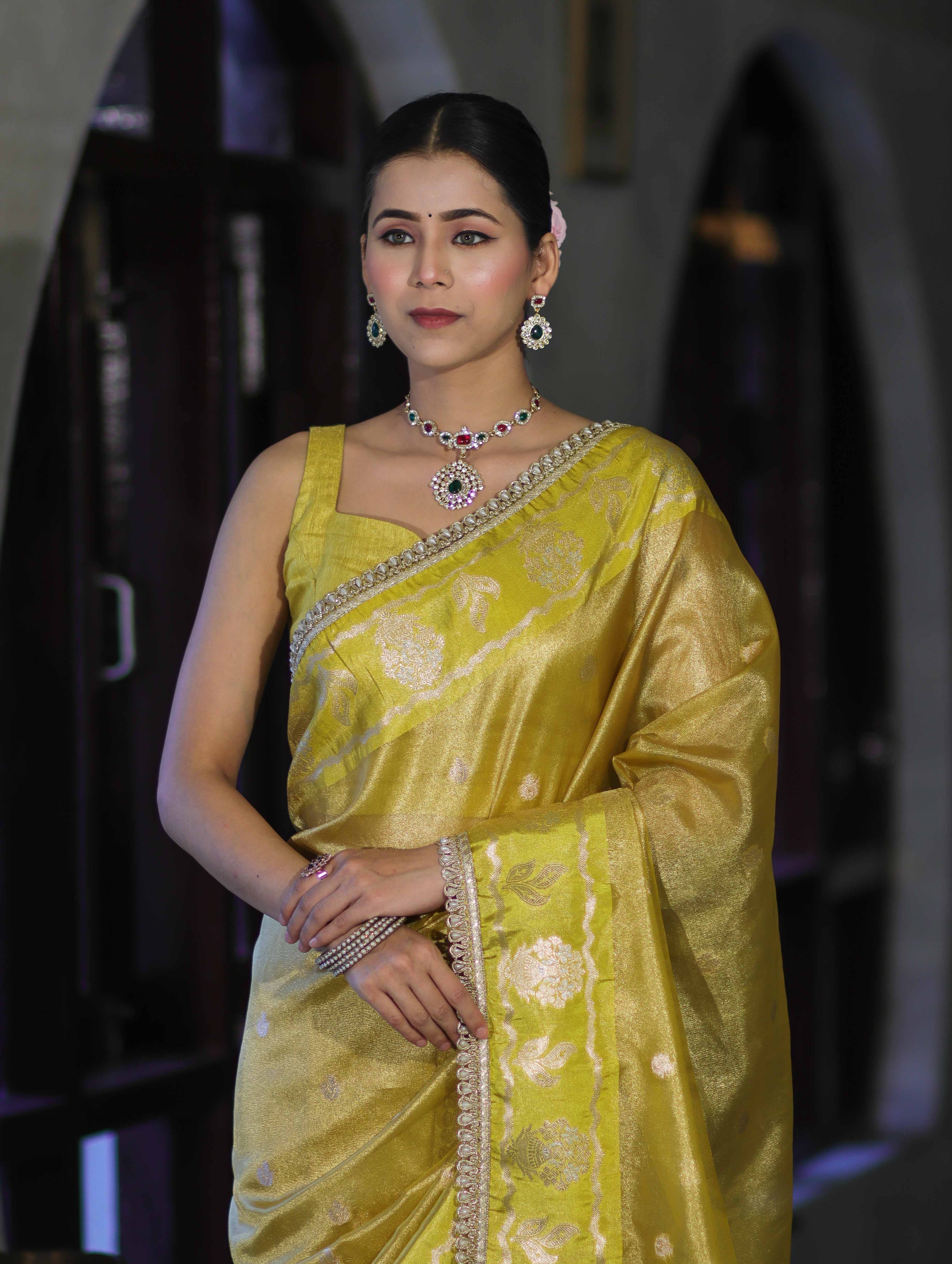 Banarasee Handloom Tissue Saree With Buti Design Contrast Border & Lace-Yellow