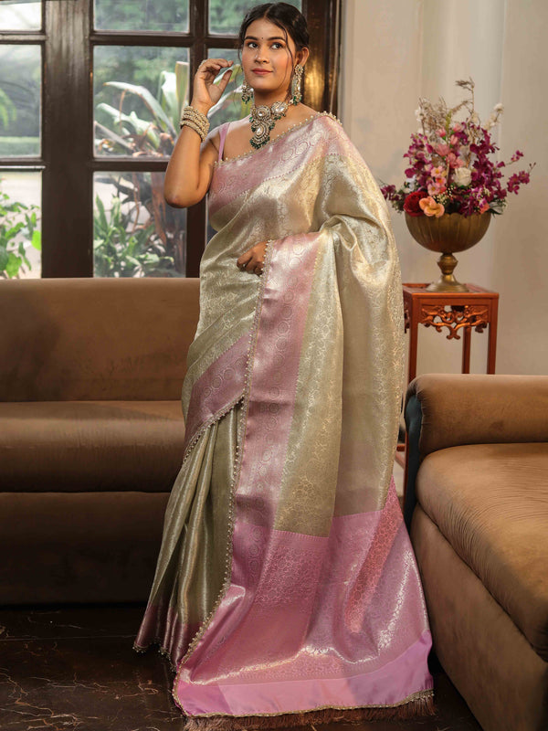 Banarasee Handwoven Tissue Saree With Zari Jaal Design & Lace-Silver & Pink