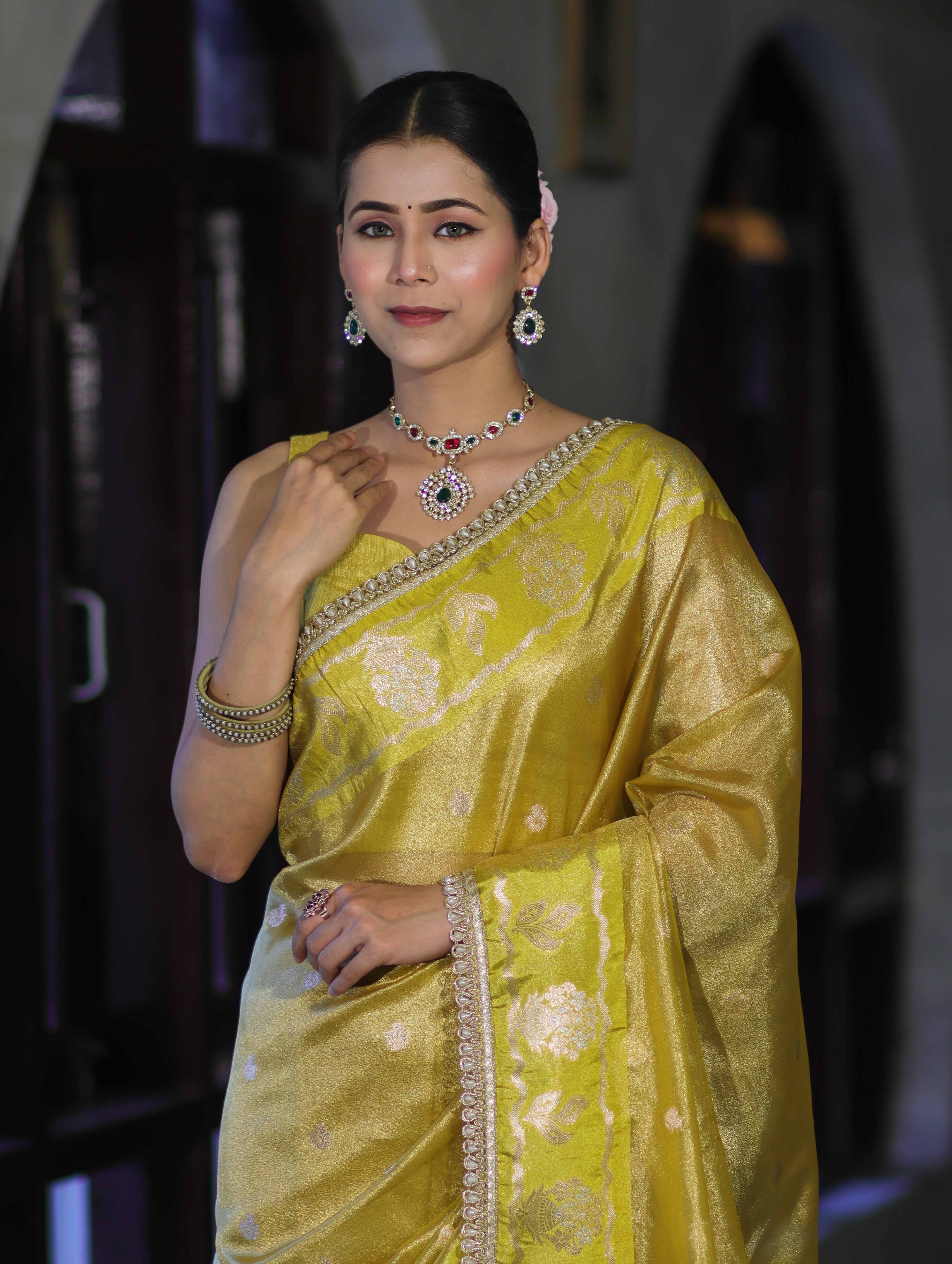 Banarasee Handloom Tissue Saree With Buti Design Contrast Border & Lace-Yellow